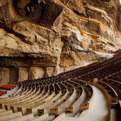 Open amphitheater seating under stratified Mokattam cliff rock with carved walls at St. Simon Cave Church