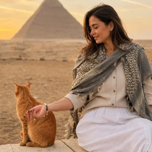 Traveler seated on a stone ledge at golden hour with a ginger cat and a Giza pyramid softly blurred behind her