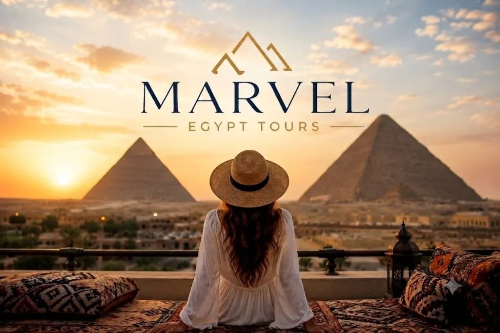 Traveler in a straw hat seated on a terrace overlooking two Giza pyramids at warm sunrise light
