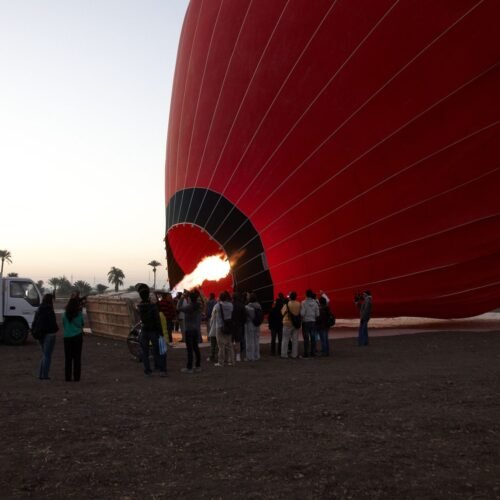Inflating hot air balloon near Luxor Egypt