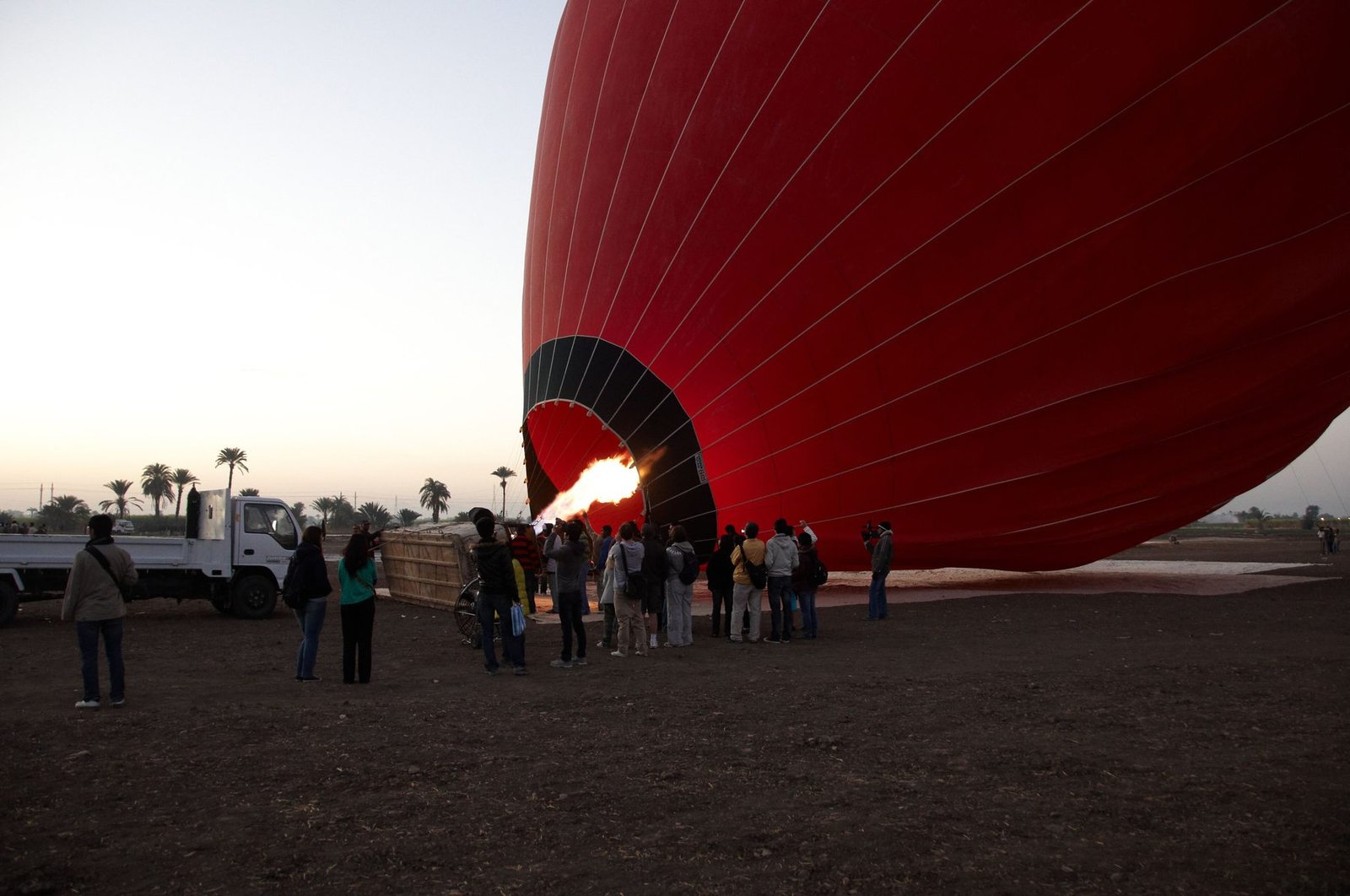 Inflating hot air balloon near Luxor Egypt