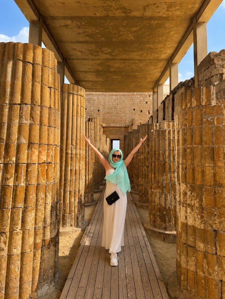 Traveler in a white dress raising both arms between the fluted stone columns of the Djoser colonnade at Saqqara