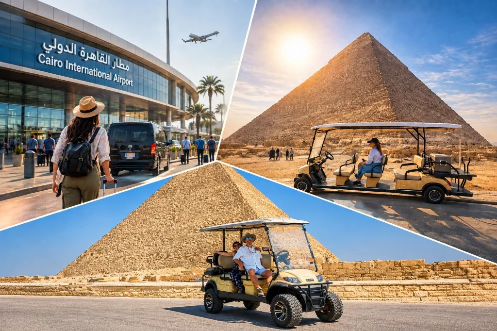 Traveler in a sun hat at Cairo International Airport, with two golf carts and Giza pyramids under a bright sky.