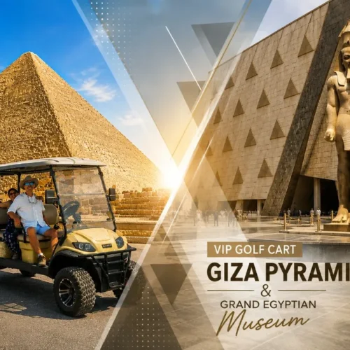 Giza Plateau tour cover with the three pyramids of Giza on the left panel and a colossal royal plaza statue on the right
