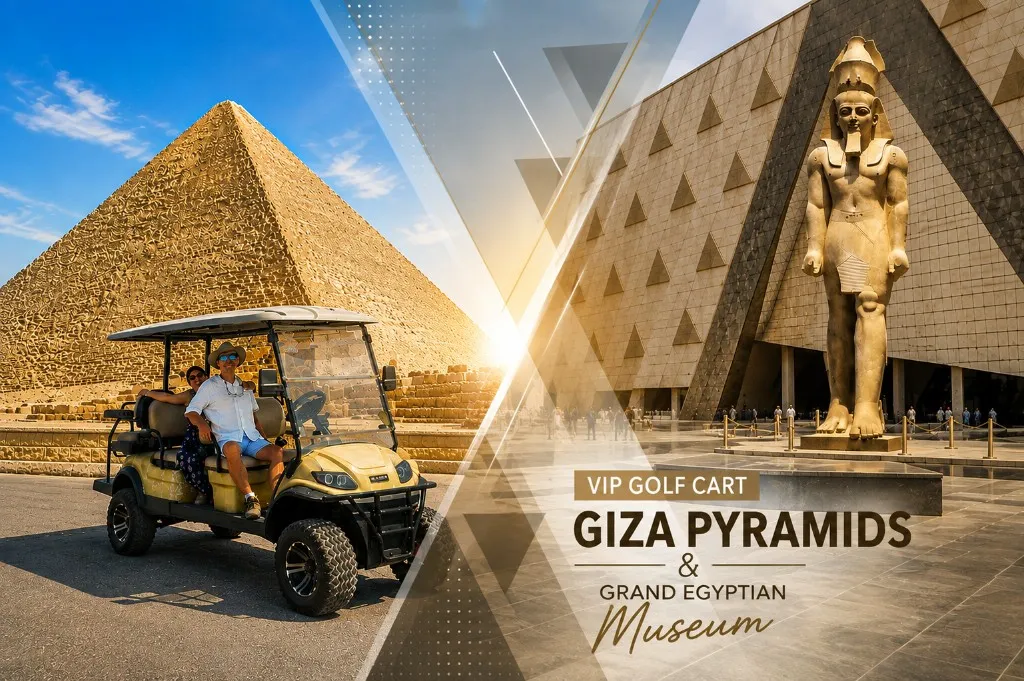 Giza Plateau tour cover with the three pyramids of Giza on the left panel and a colossal royal plaza statue on the right