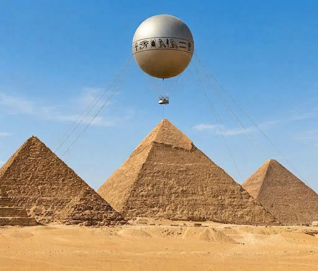 Spherical tethered balloon with a hieroglyph band hovering above the three Giza pyramids
