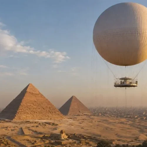 Tethered balloon gondola in the foreground with the Giza Pyramids and Great Sphinx on the plateau below