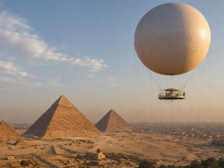 Tethered balloon gondola in the foreground with the Giza Pyramids and Great Sphinx on the plateau below