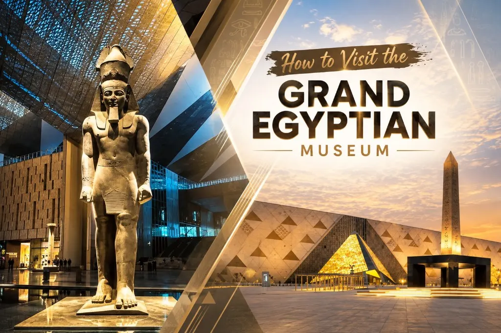Split graphic of the Grand Egyptian Museum at Giza: a colossal standing pharaoh statue under the museum’s geometric glass atrium on the left, and the pyramid-shaped entrance pavilion with an obelisk at sunset on the right, overlaid with the words How to Visit the Grand Egyptian Museum.