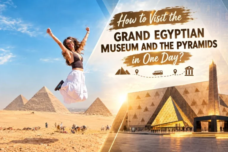 Composite travel graphic: a smiling woman jumps with arms raised between the Giza Pyramids under a bright blue sky on the left and the illuminated Grand Egyptian Museum at dusk on the right, with a dotted route of travel icons linking the two sites.