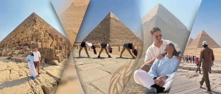 Four-panel collage of travelers at the Giza pyramids: a couple smiling at the limestone blocks, three women stretching on the pavement with a pyramid behind them, a close portrait of the couple, and a man in a white cap walking toward the plateau