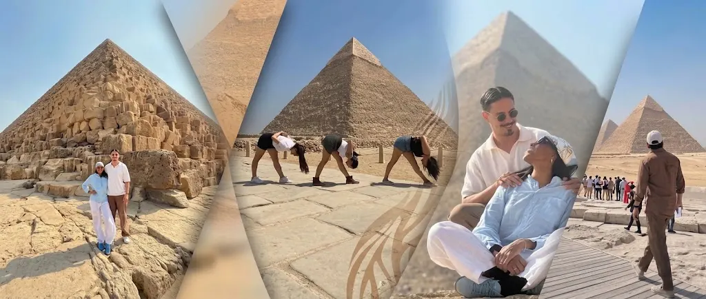 Four-panel collage of travelers at the Giza pyramids: a couple smiling at the limestone blocks, three women stretching on the pavement with a pyramid behind them, a close portrait of the couple, and a man in a white cap walking toward the plateau