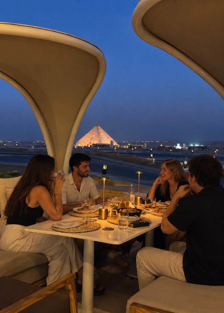 Four travelers share dinner under a canopy at dusk, with a lit pyramid beyond them.
