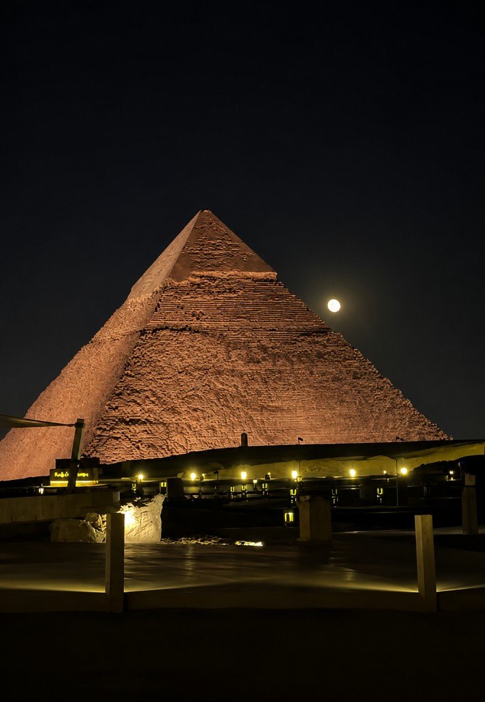 A Giza pyramid glowing orange at night, the moon hanging just off its right slope.