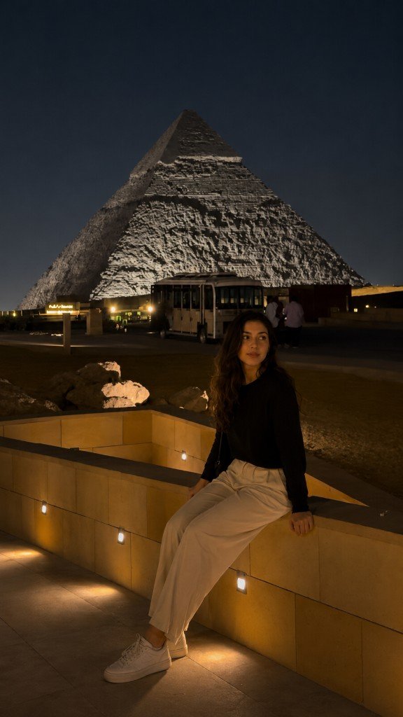 A woman in cream trousers sits on a lit limestone wall at Giza, a white-lit pyramid and shuttle bus behind her.