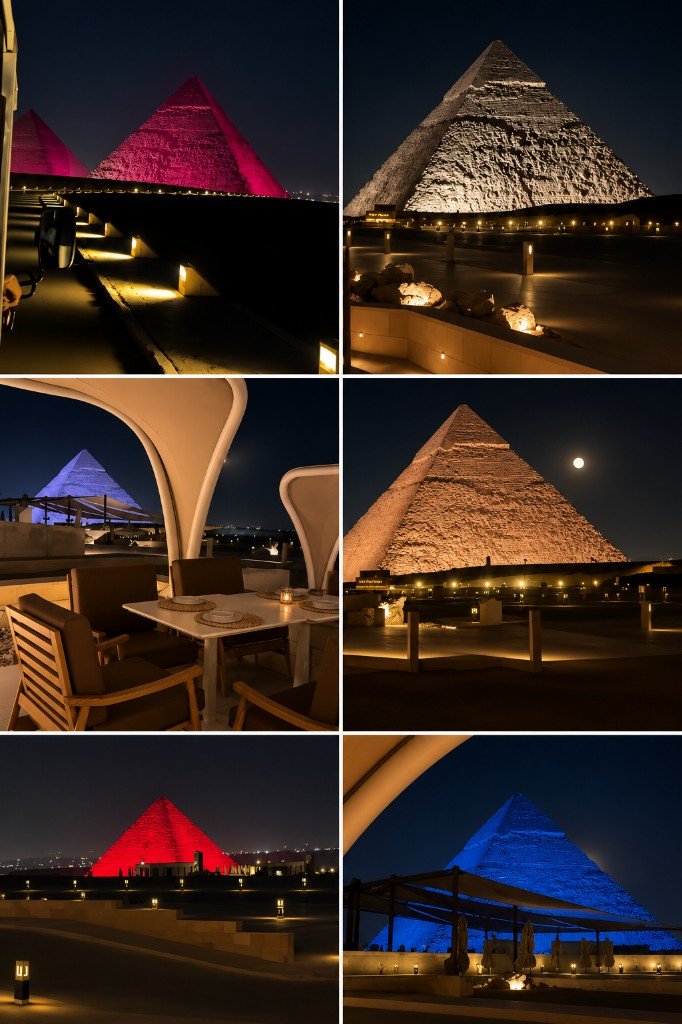 Six night frames of Giza together: pink, white, blue, and red pyramids, plus a canopy table.