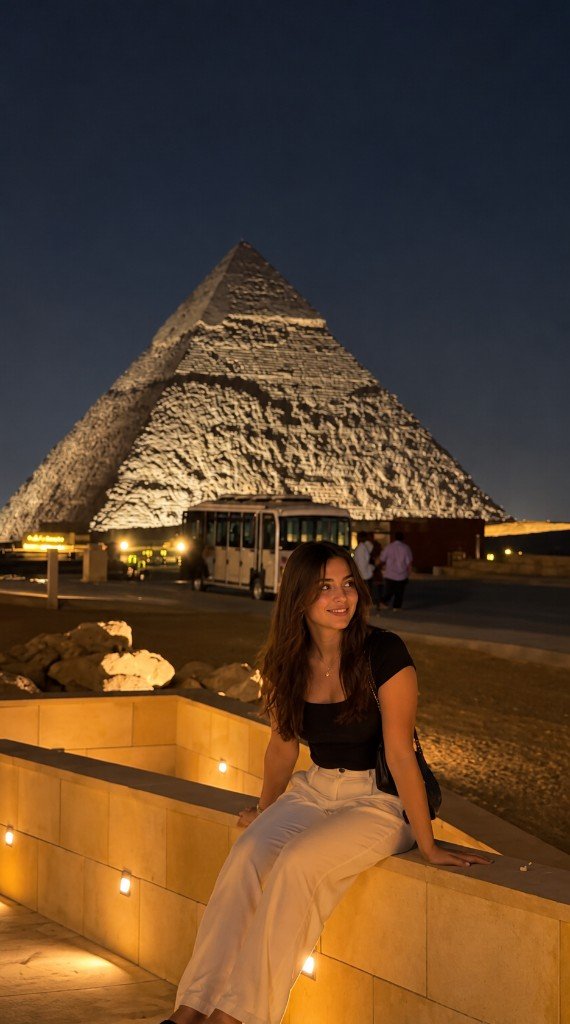A smiling woman in a black top and white trousers sits on a lit wall at Giza, a pyramid and shuttle bus behind her.